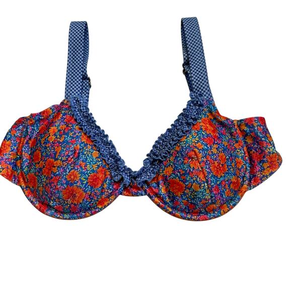 STRAWBERRY MILK MOB Swimsuit Bikini Top Blue Pink Floral Print Women's Large - Picture 1 of 8